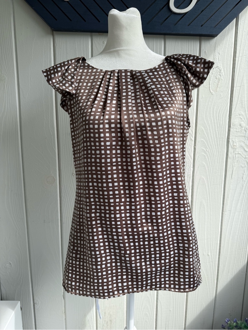 Banana Republic Brown and White Square-Print Flutter Sleeve Blouse